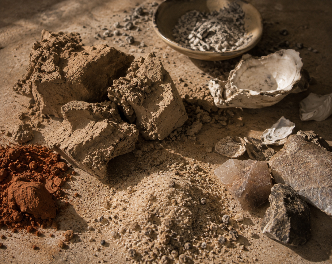 Clay, mineral powders, shell and stone gathered on a studio surface