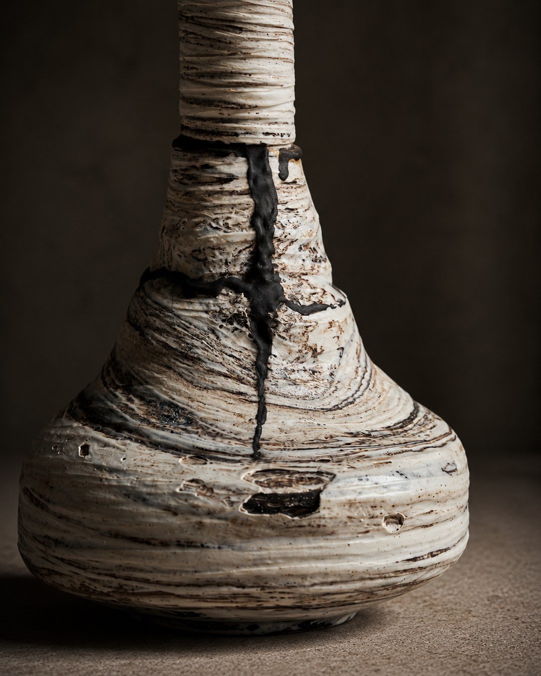 Repaired ceramic form showing an expressive surface