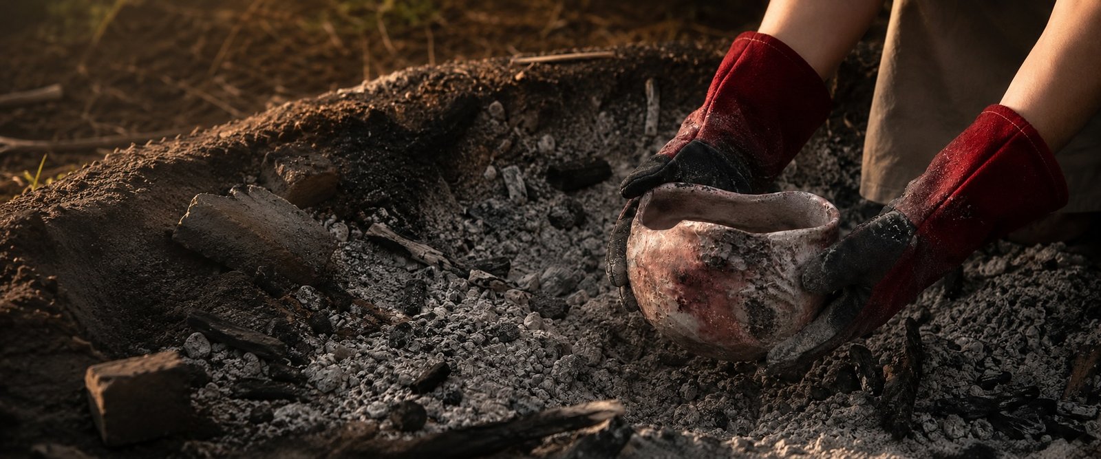 Hands uncovering a smoke-marked ceramic vessel from cooled ashes