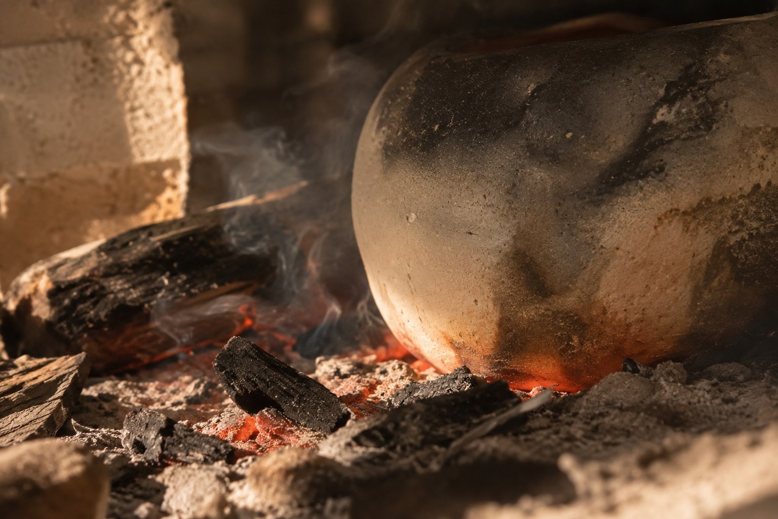 A ceramic vessel among flame, embers and smoke