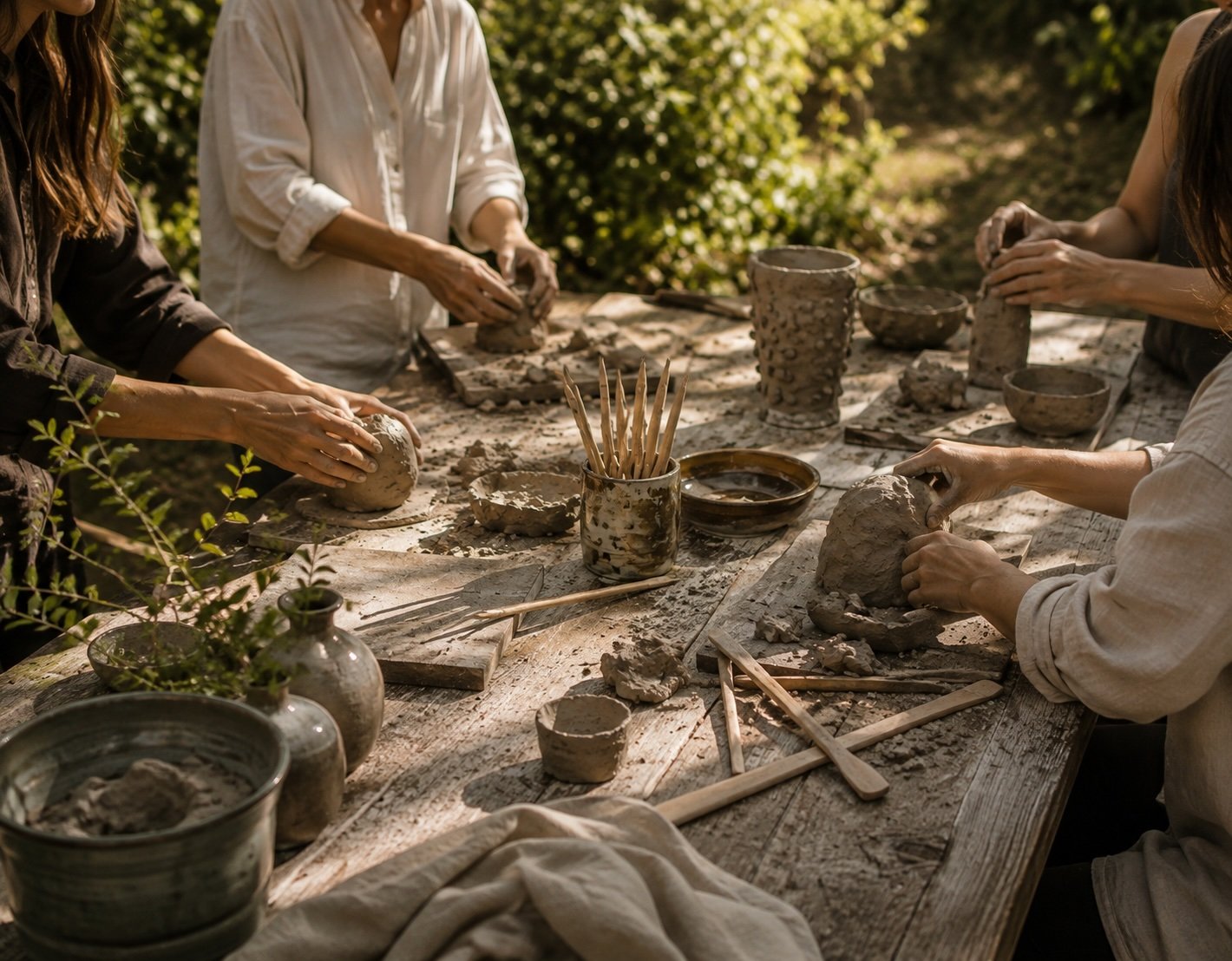 Hands holding a wild-clay vessel in the studio