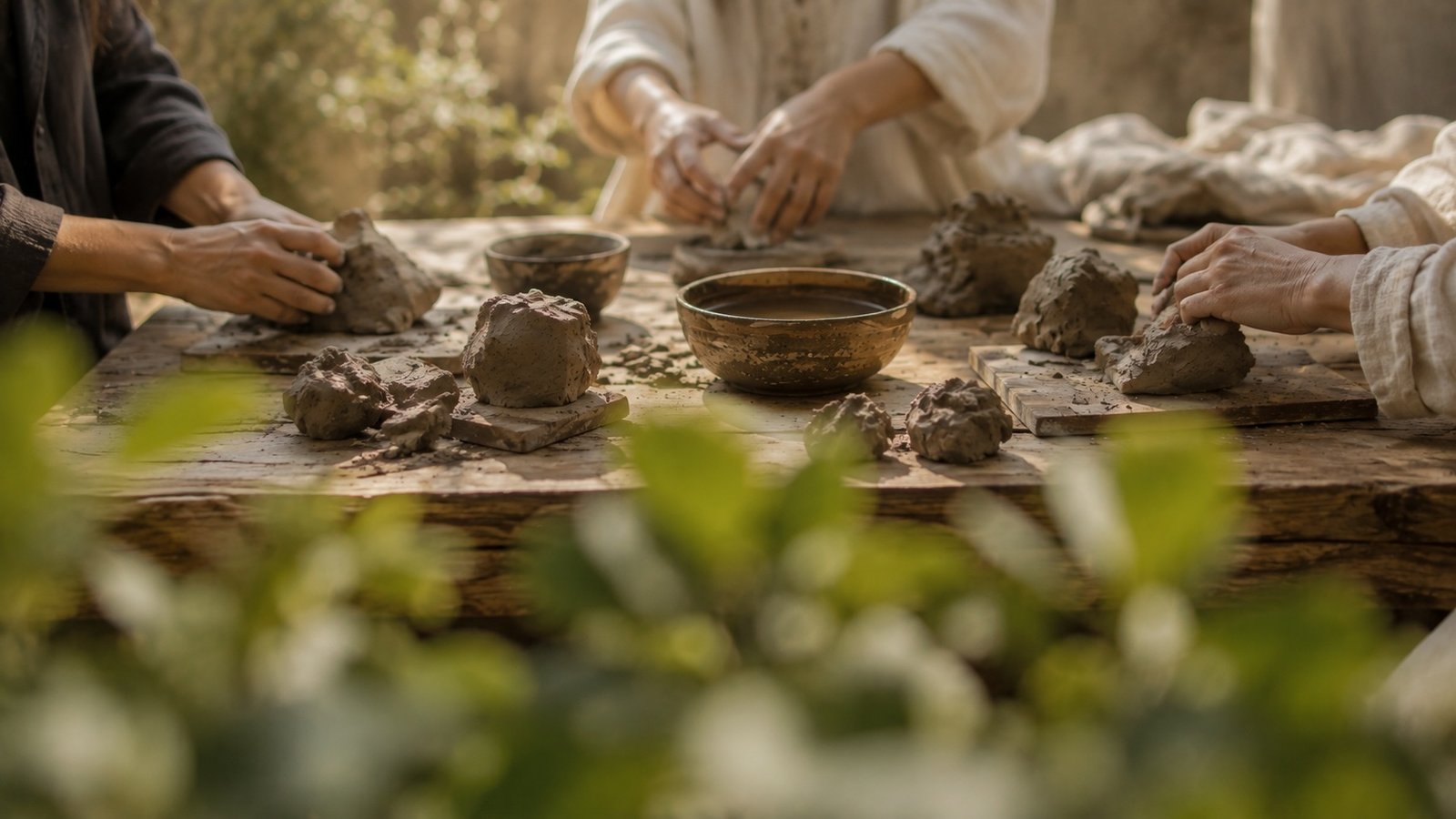 Hands shaping clay at the studio table