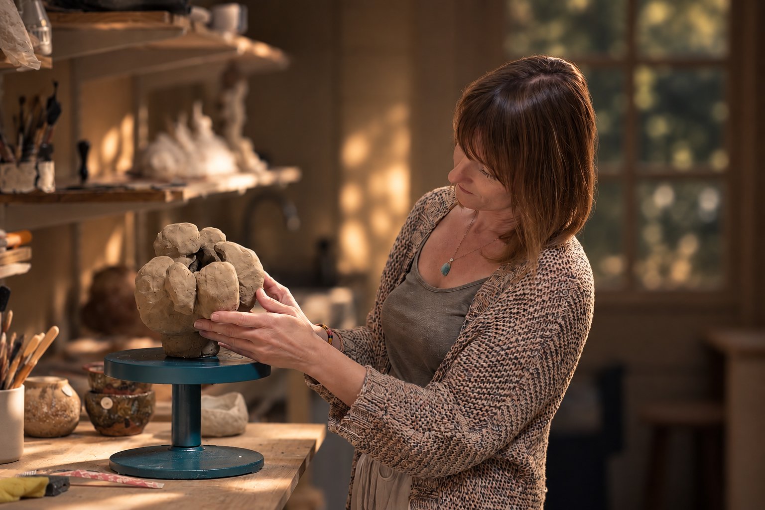 Hands working beside a raw clay vessel and gathered material